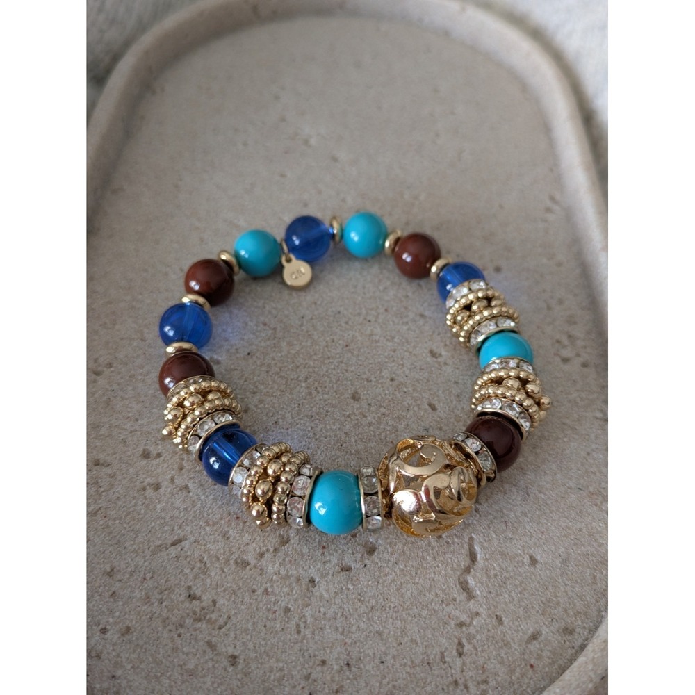 Graziano Stretch Bracelet‎ Gold Tone Turquoise Blue Chunky Filigree Ball Beaded